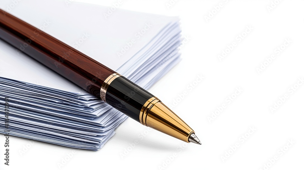 Elegant Pen on Stack of White Paper Sheets for Writing and Notes Elegant Pen on Stack of White Paper Sheets for Writing and Notes