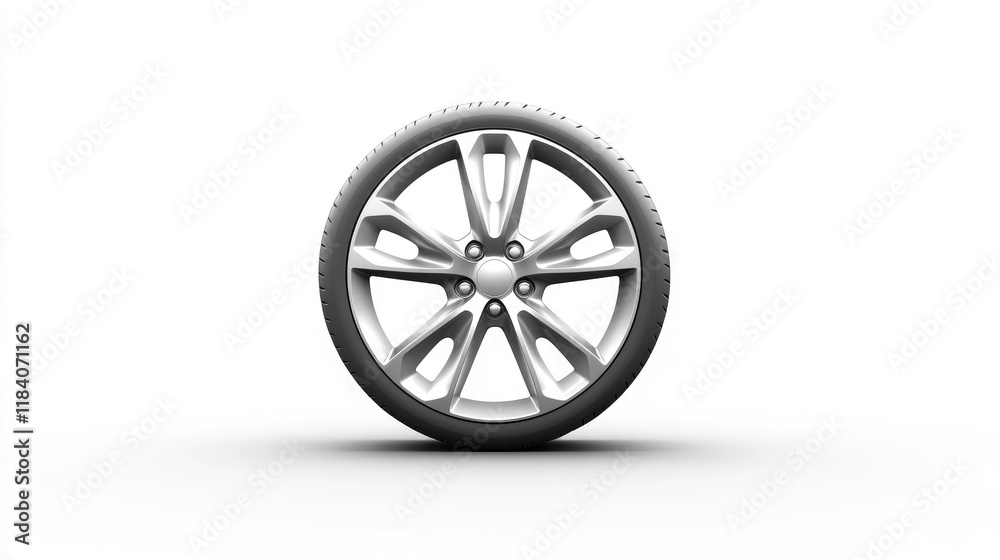 Sleek silver alloy car wheel with angular spokes, placed on a bright white background for clarity. Sleek silver alloy car wheel with angular spokes, placed on a bright white background for clarity.