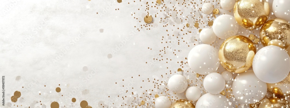 Celebrate joyous moments with golden and white balloons, confetti, and sparkles for a festive atmosphere Celebrate joyous moments with golden and white balloons, confetti, and sparkles for a festive atmosphere