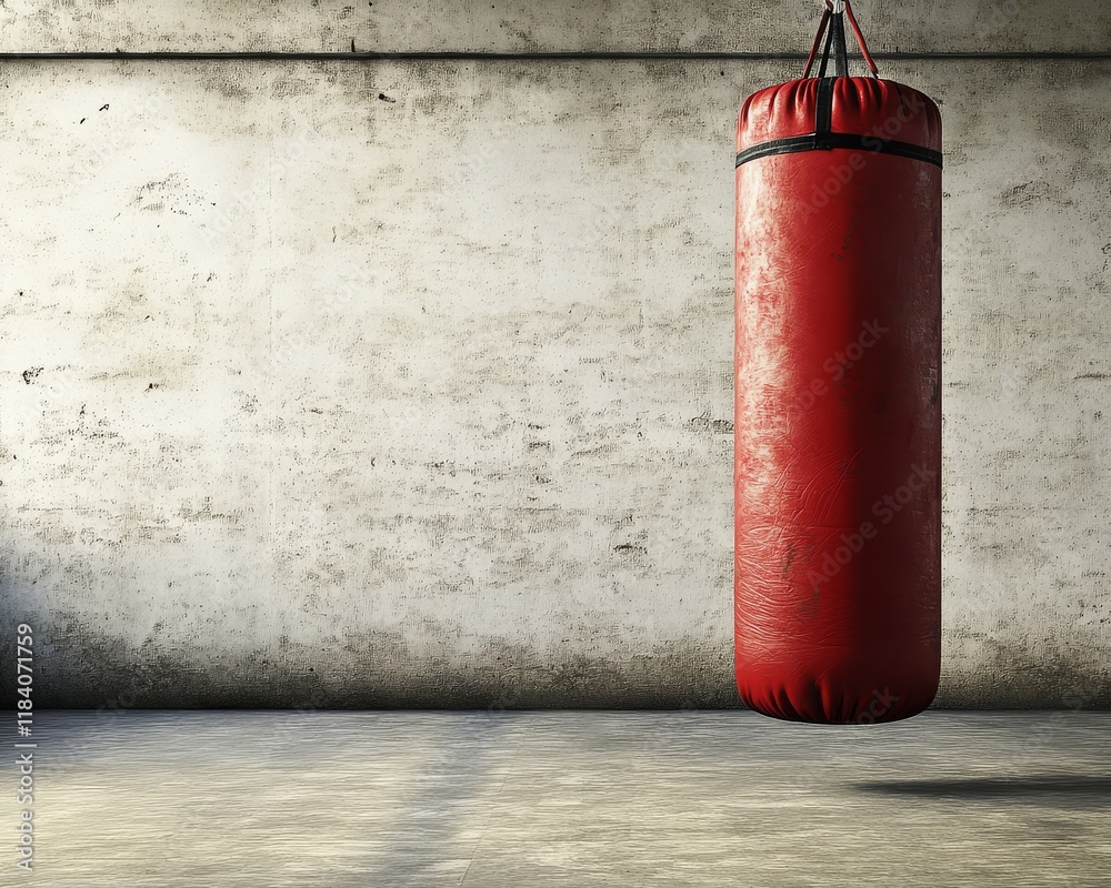 The red boxing bag adds a bold touch to the gritty training environment. The red boxing bag adds a bold touch to the gritty training environment.