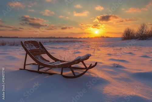 Elegant wooden rocking chair sits in snowy field at sunset, surrounded by tranquil winter landscape photo