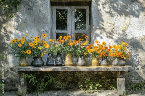 A section of the garden or terrace featuring a wooden table adorned with several vases of flowers photo