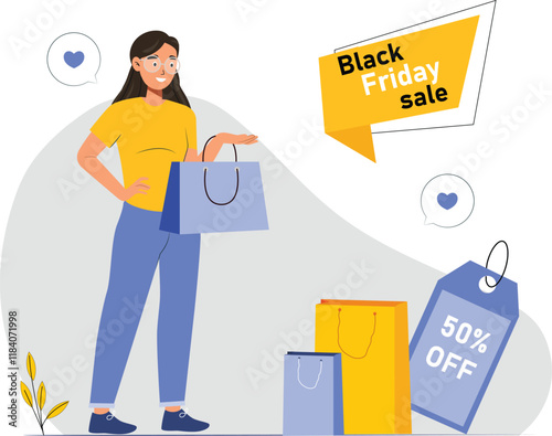 Black Friday sale illustration featuring discount tags and shopping bags for an engaging design.
