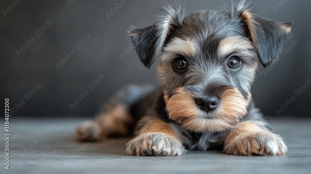 Cute puppy posing, studio backdrop, grey background, pet adoption Cute puppy posing, studio backdrop, grey background, pet adoption
