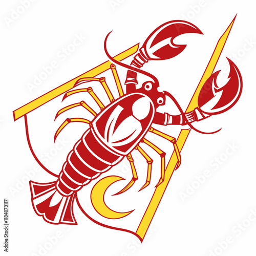 illustration of a lobster.  red yellow logo