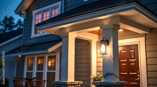 Night-time view of a house's front porch, showing a covered entryway with a lit lantern, wooden door, and stone pillars. The house's exterior is gray siding with illuminated windows.