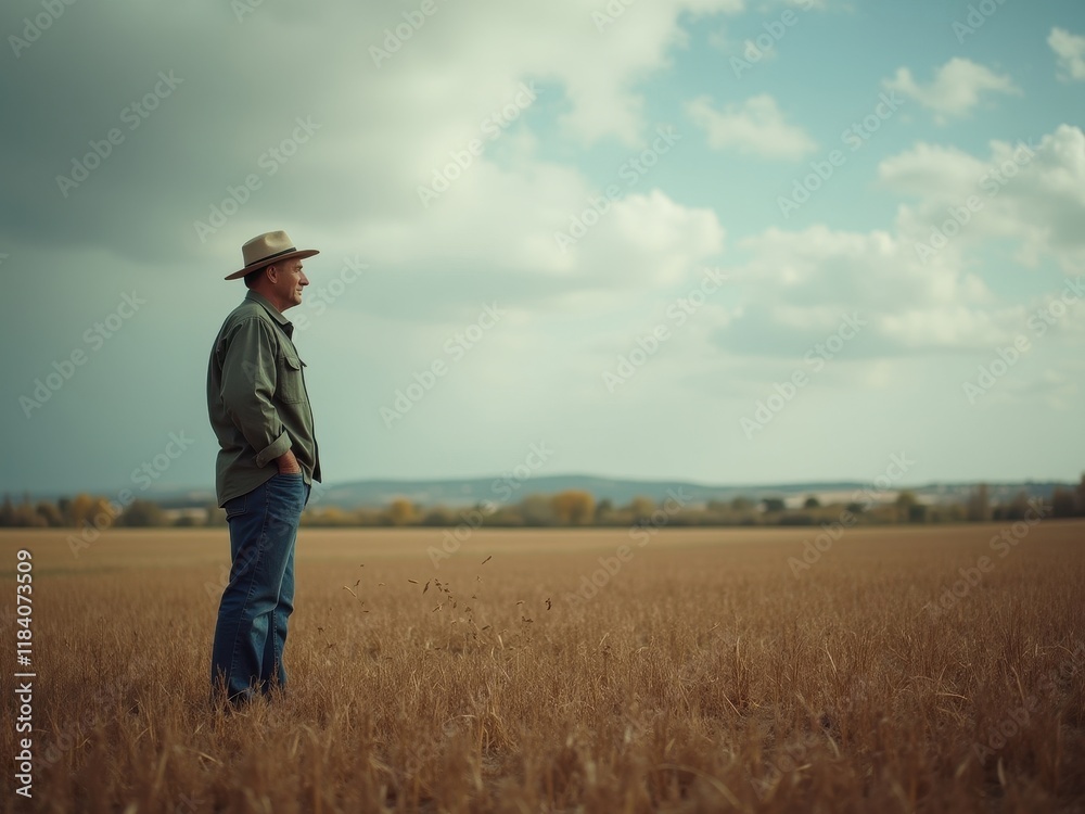Farmer stands in golden wheat field reflecting on the impact of climate change in rural landscape during late afternoon hours Farmer stands in golden wheat field reflecting on the impact of climate change in rural landscape during late afternoon hours
