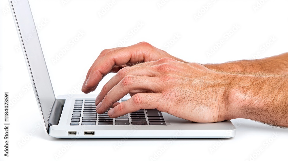 Hands Typing on a Laptop Keyboard Isolated on White Background Hands Typing on a Laptop Keyboard Isolated on White Background