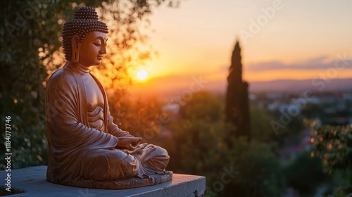 Buddha silhouette on golden sunset background beliefs of Buddhism photo