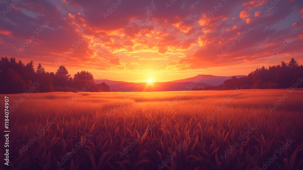 Fototapeta premium Fiery Sunset over Vast Field, Breathtaking Nature Scene with Vibrant Orange and Purple Hues