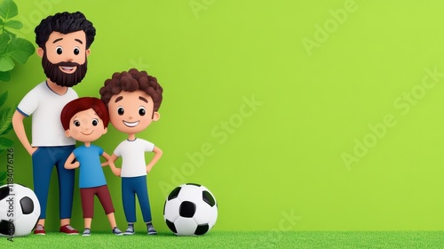 Cheerful Family of Three Enjoying Soccer on a Bright Green Background