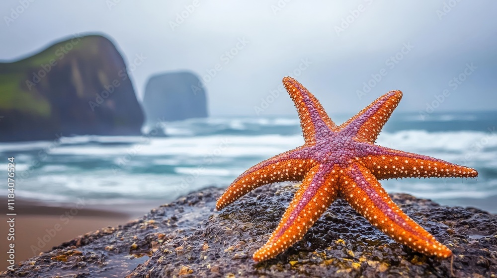 Vibrant Orange Starfish on Rocky Shore with Gentle Waves and Misty Background at Coastal Beach