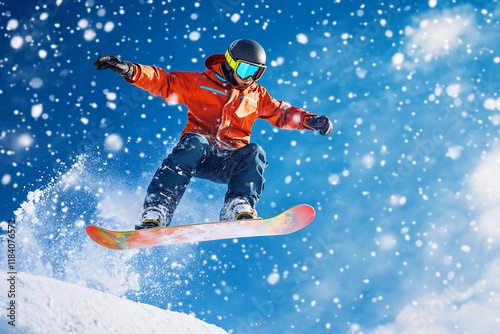 Snowboarder performs tricks in a snowy mountain landscape on a bright sunny day while enjoying winter sports