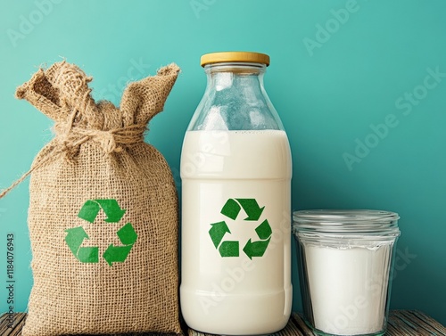 Eco-friendly packaged products, including a glass bottle of milk featuring a recycling symbol. The arrangement emphasises sustainability and environmental awareness photo