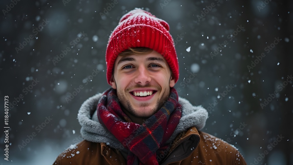 Fototapeta premium Charming Young Man in Red Beanie, Winter Portrait, Approachable, Friendly Smile in Snowy Scene