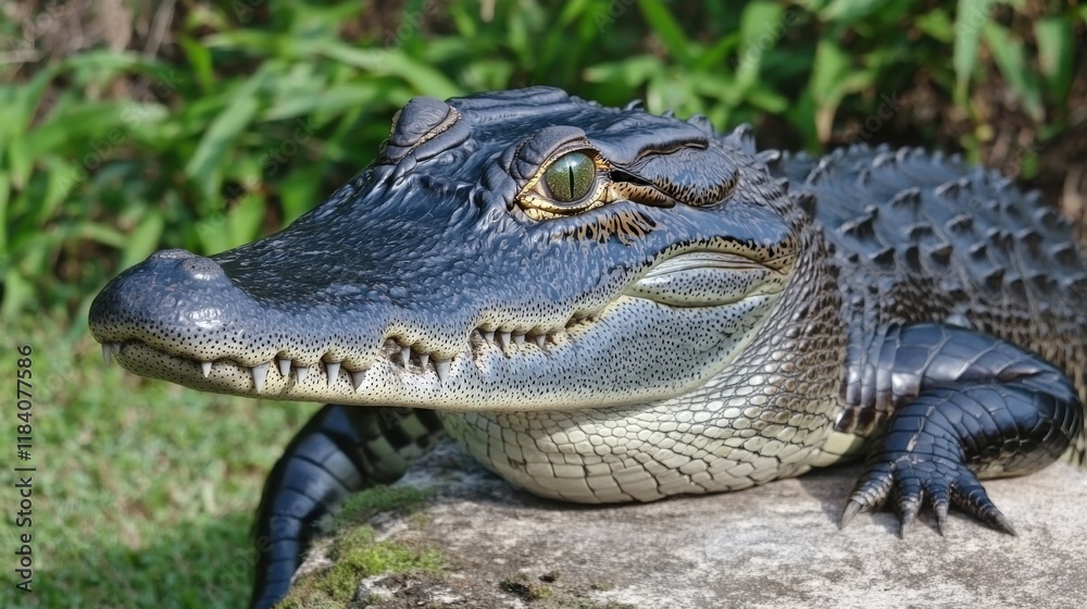 Fototapeta premium Close-Up of a Beautiful Alligator Relaxing by the Water Under Bright Natural Light in a Lush Environment