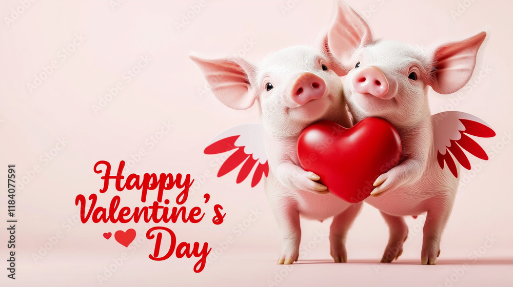 Obraz premium A two cute piglets with red and white wings holding a red heart, set against a soft pink flat background. The design includes a handwritten message: