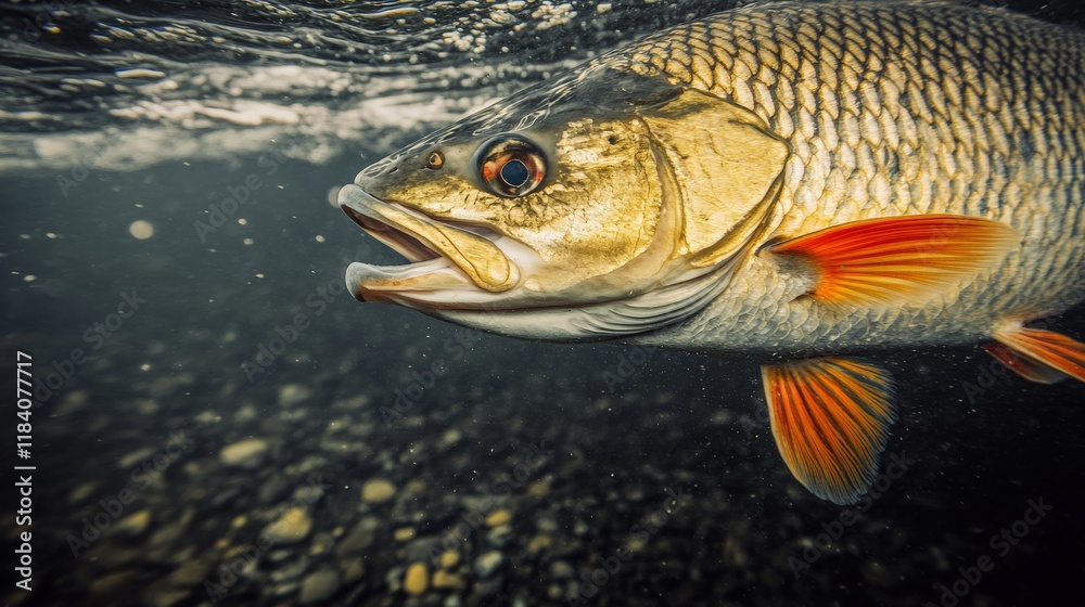 Fototapeta premium Underwater Close-Up of a Fish with Vibrant Colors Swimming in Clear Water