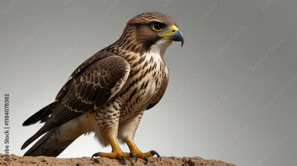 A majestic falcon perched on a rock, showcasing its sharp talons and intense gaze against a neutral background. A majestic falcon perched on a rock, showcasing its sharp talons and intense gaze against a neutral background.