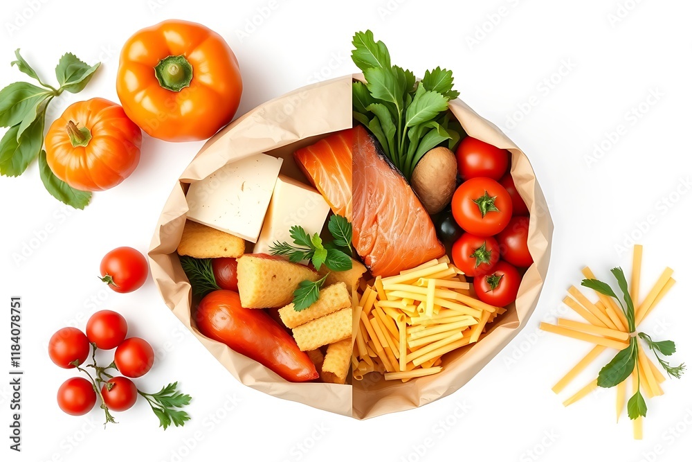Healthy food in full paper bag of different products fish, vegetables and fruits on white background. Top view Healthy food in full paper bag of different products fish, vegetables and fruits on white background. Top view