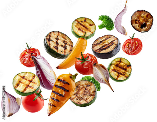 falling grilled vegetables isolated on white background, cutout