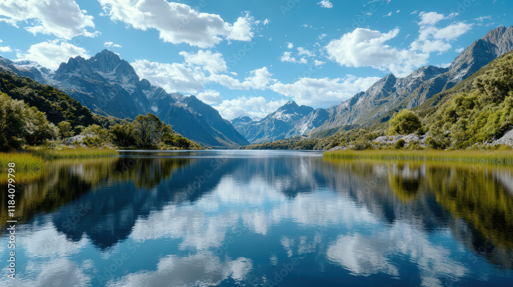 serene lake reflecting mountains and clouds under bright sky serene lake reflecting mountains and clouds under bright sky