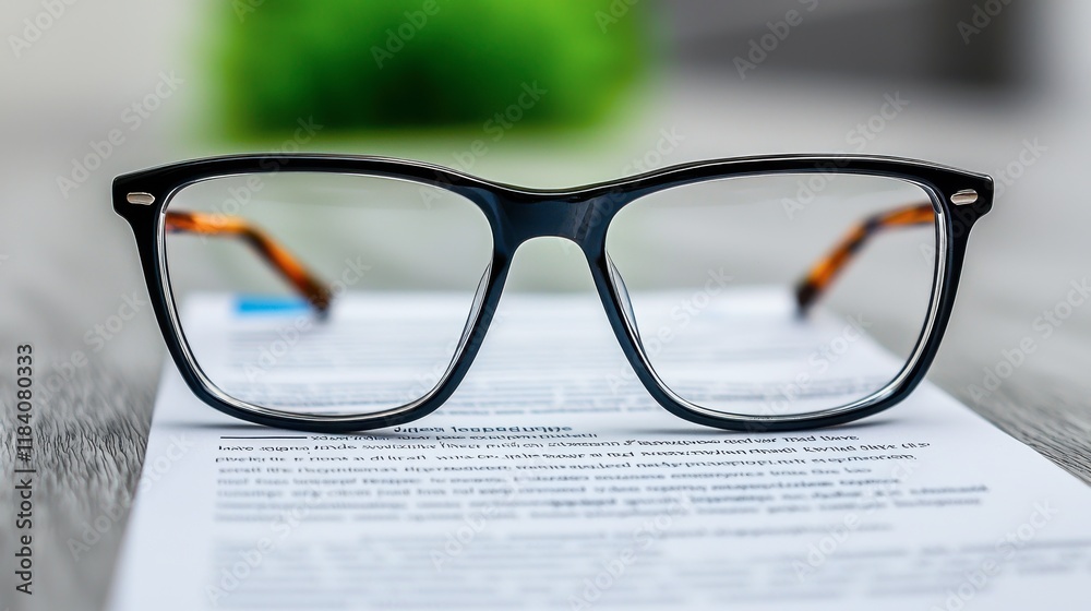 Close-Up View of Eyeglasses on a Desk with Papers in Background Close-Up View of Eyeglasses on a Desk with Papers in Background