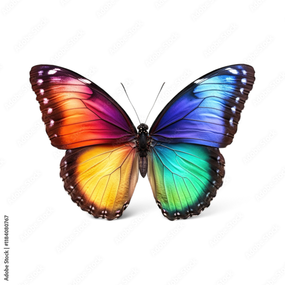 Obraz premium Colorful butterfly with vibrant wings displaying blue, orange, green, and purple patterns isolated on transparent background, PNG