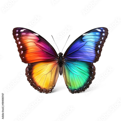 Colorful butterfly with vibrant wings displaying blue, orange, green, and purple patterns isolated on transparent background, PNG
