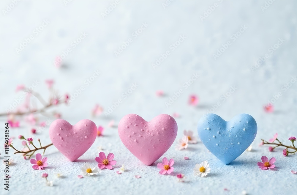 Fototapeta premium Light pink and blue small hearts and small flowers on a light background