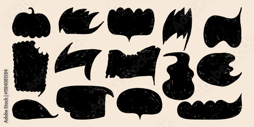 Chat bubbles silhouettes with Grunge Texture. Black chat boxes isolated on white background. Comic book hand drawn set of abstract text boxes