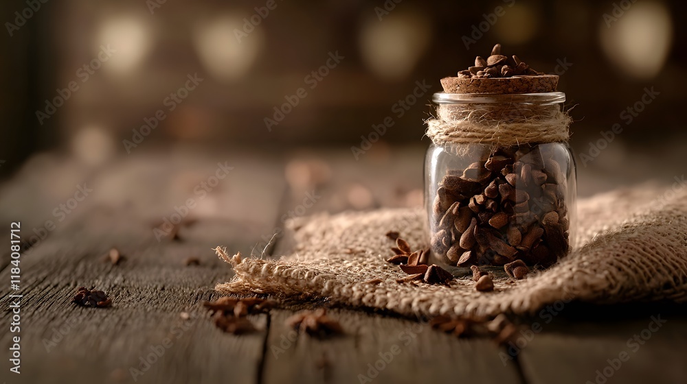 Glass jar of cloves on burlap cloth over wooden table. Glass jar of cloves on burlap cloth over wooden table.