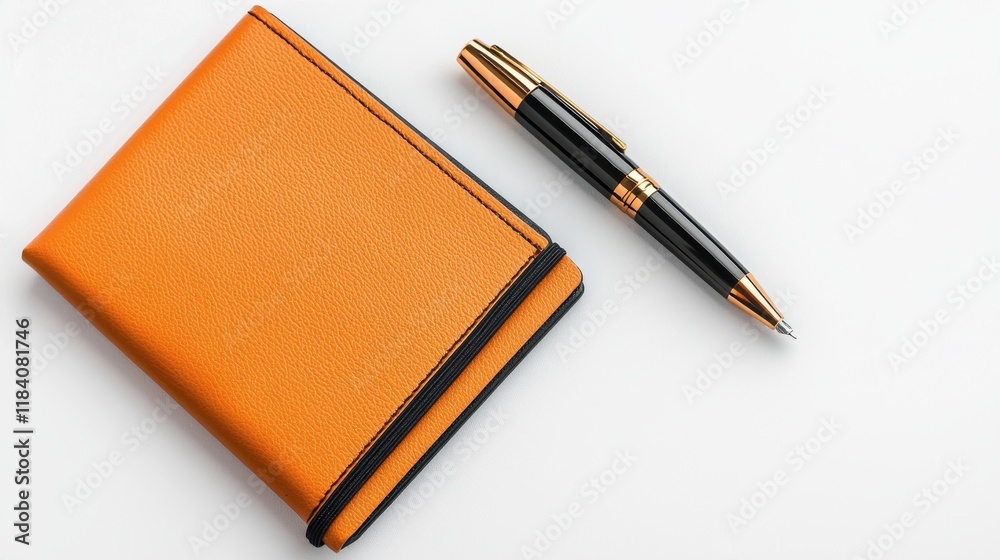 Stylish Orange Notebook and Black Pen on Minimalist Background Stylish Orange Notebook and Black Pen on Minimalist Background