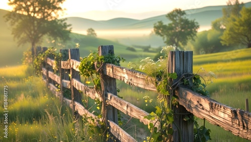 Golden sunlight glints off a rustic wooden fence, adorned with climbing plants, set against rolling hills and meadows, evoking a tranquil and picturesque countryside scene. photo