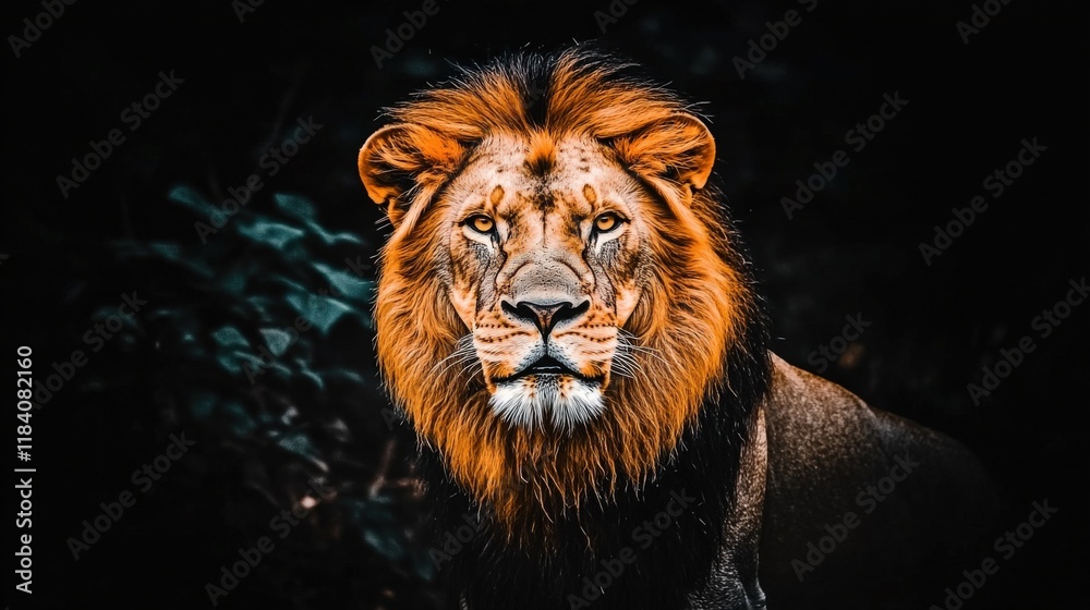 Majestic Lion Portrait with Captivating Gaze in Dramatic Lighting Surrounded by Natural Habitat Majestic Lion Portrait with Captivating Gaze in Dramatic Lighting Surrounded by Natural Habitat