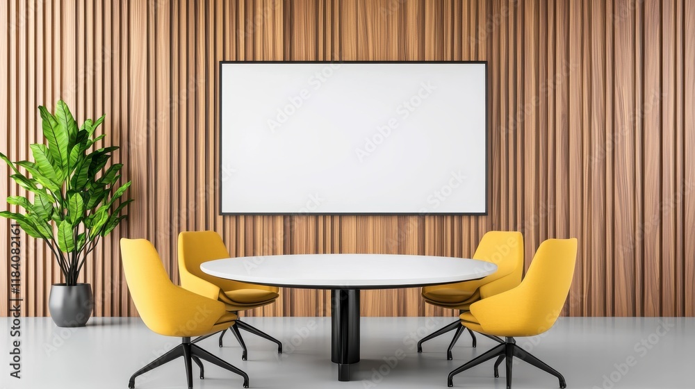 Fototapeta premium Modern Conference Room with Circular Table and Yellow Chairs