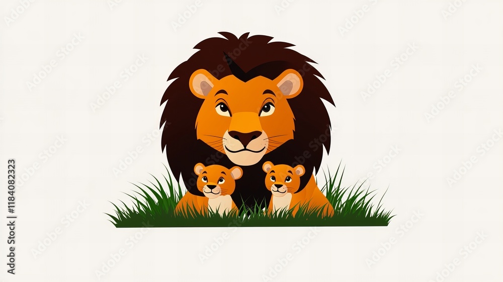 A majestic lion with his two cubs nestled in the grass. A heartwarming scene of wildlife. A majestic lion with his two cubs nestled in the grass. A heartwarming scene of wildlife.