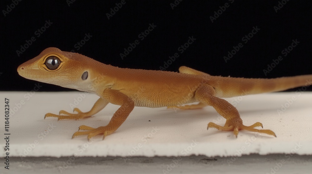 Fototapeta premium Close-Up of a Brown Gecko on a White Surface Against Black Background