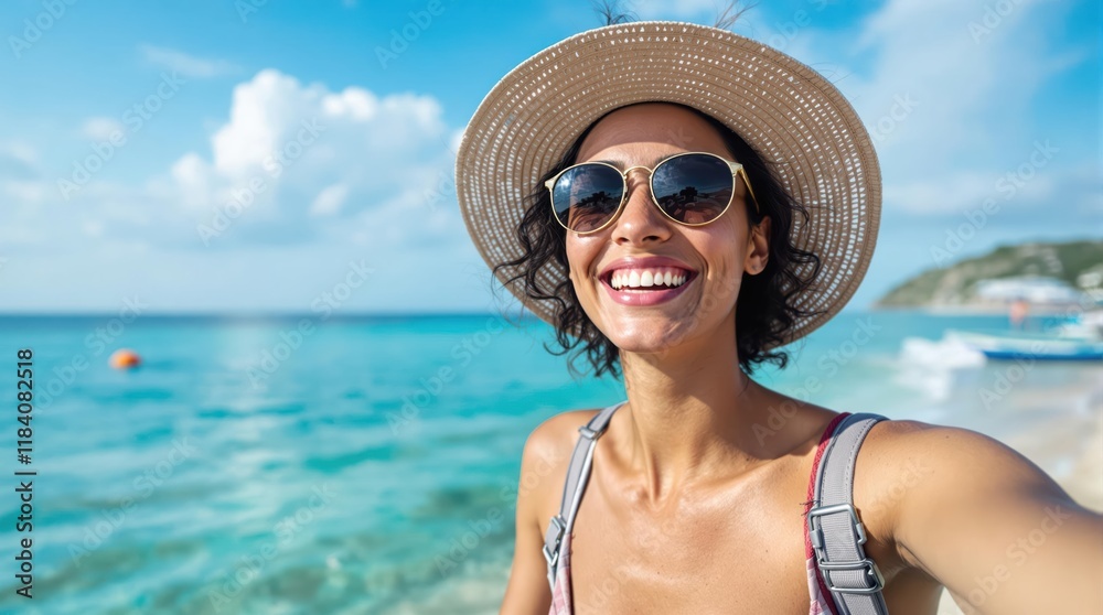 Cheerful woman selfie on summer vacation Cheerful woman selfie on summer vacation