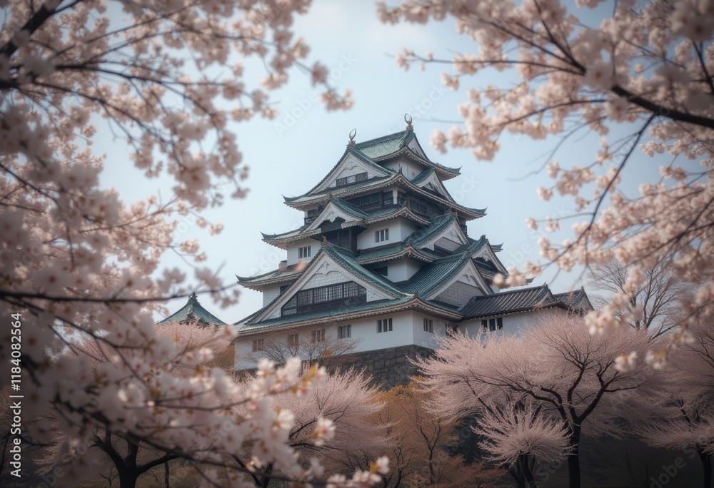 Japanese castle framed by cherry blossoms in spring Japanese castle framed by cherry blossoms in spring