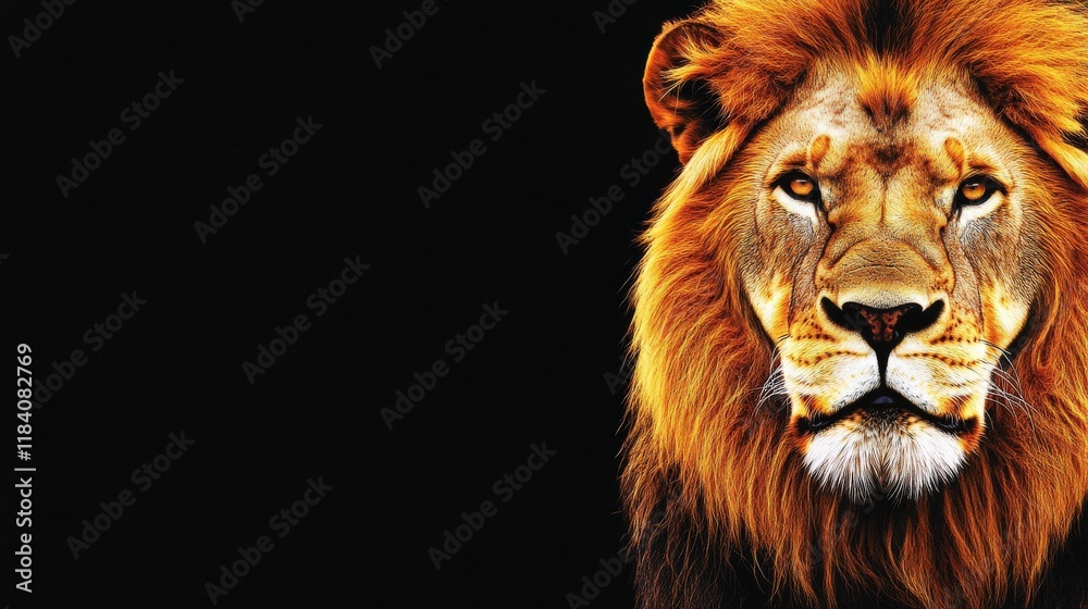 Naklejka premium Majestic Lion Portrait with Detailed Mane Set Against a Black Background in a Striking Wildlife Image