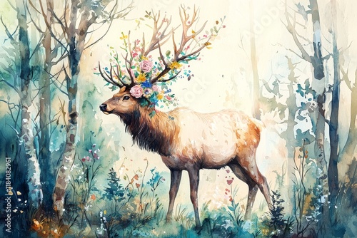 A watercolor sketch of an elk with flower-covered antlers standing in a forest photo