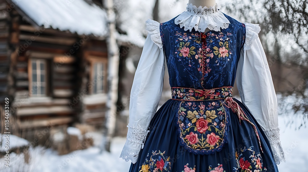 Obraz premium Embroidered folk dress on a mannequin, snowy winter background.