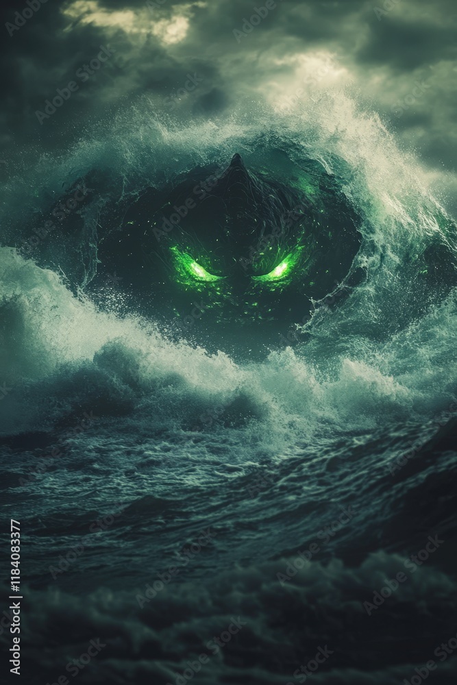 A sea monster with glowing green eyes and tentacles, emerging from stormy waters A sea monster with glowing green eyes and tentacles, emerging from stormy waters