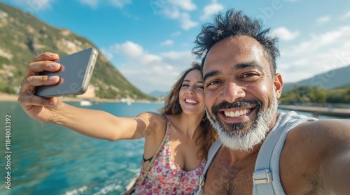 Cheerful selfie multi-ethnic couple on summer vacation