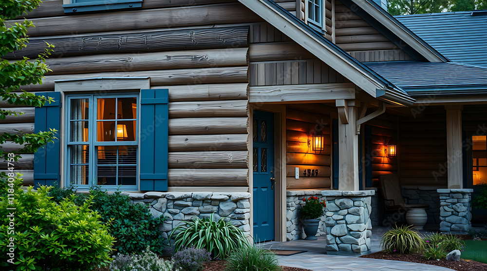 Obraz premium Exterior View of Log Cabin Home at Dusk