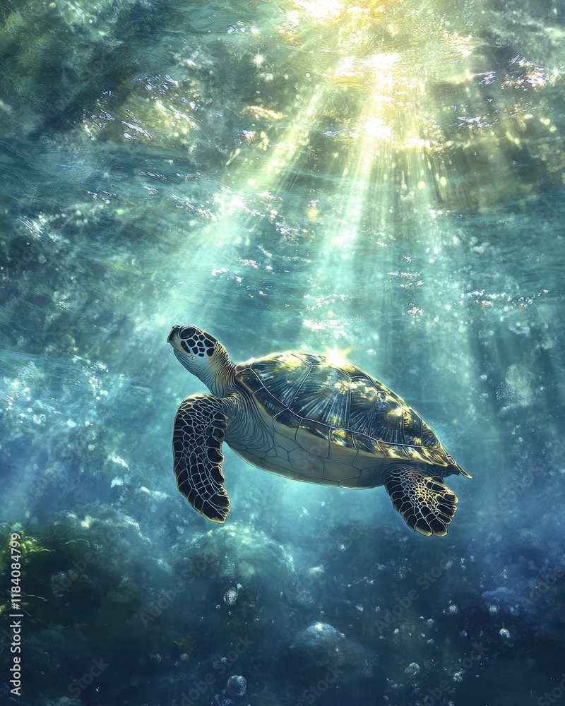 Fototapeta premium A sea turtle gliding through crystal-clear water, with the sun casting light beams from above