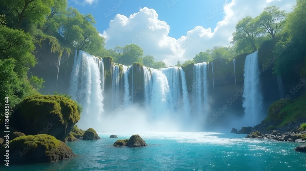 Fototapeta premium Majestic Waterfall in Lush Green Tropical Paradise: A Serene Escape