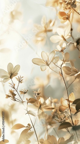 Delicate floral forms emerge from a serene backdrop, blending soft pastel hues together. The gentle play of light creates a tranquil atmosphere, inviting reflection and calm