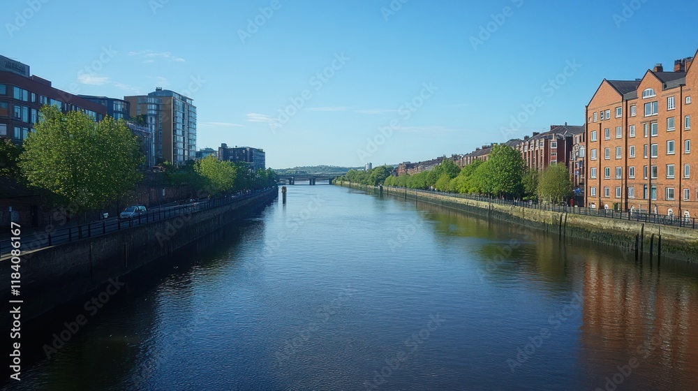 River cityscape, sunny morning, bridge, reflection, urban travel River cityscape, sunny morning, bridge, reflection, urban travel
